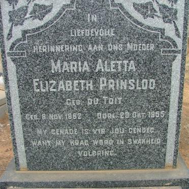 PRINSLOO Maria Aletta Elizabeth nee DU TOIT 1862-1955