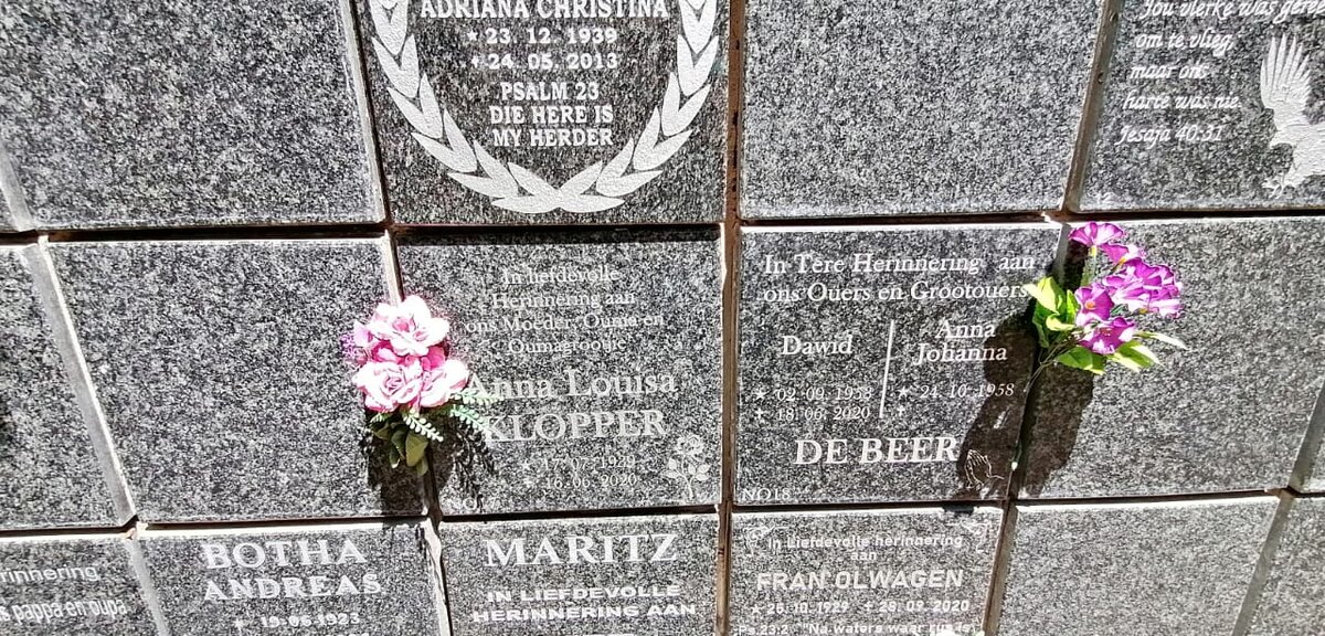 KLOPPER Anna Louisa 1939-2020 :: DE BEER David 195?-2020 &amp; Anna Johanna 1958-