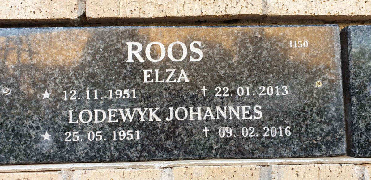 ROOS Lodewyk Johannes 1951-2016 & Elza 1951-2013