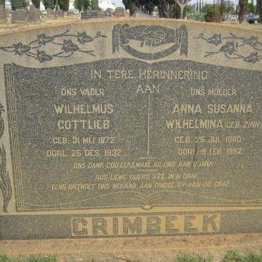 GRIMBEEK Wilhelmus Gottlieb 1892-1932 &amp; Anna Susanna Wilhelmus ZINN 1880-1952