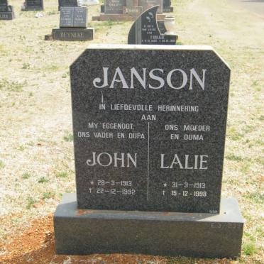 JANSON John 1913-1992 &amp; Lalie 1913-1998