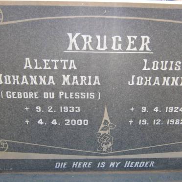 KRUGER Louis Johannes 1924-1982 &amp; Aletta Johanna Maria DU PLESSIS 1933-2000