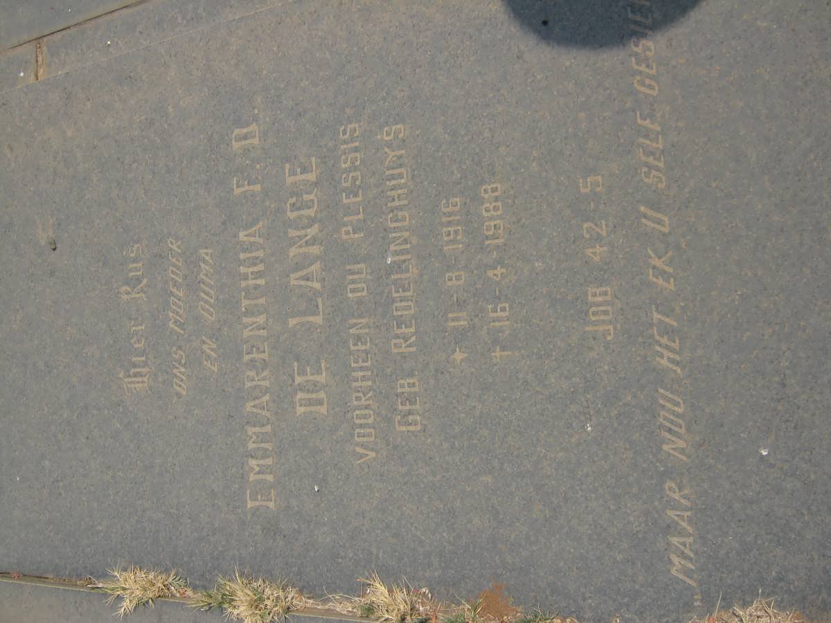LANGE Emmarentia F.D., de, formerly DU PLESSIS, nee REDELINGHUYS 1916-1988