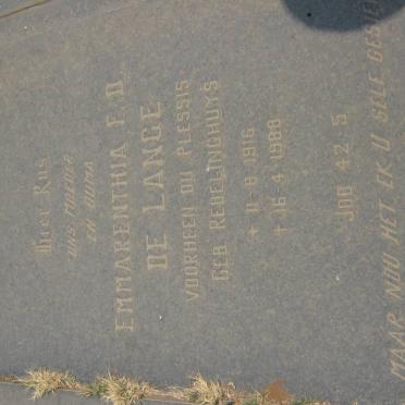 LANGE Emmarentia F.D., de, formerly DU PLESSIS, nee REDELINGHUYS 1916-1988