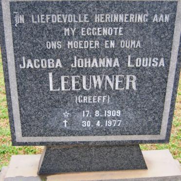 LEEUWNER Jacoba Johanna Louisa nee GREEFF 1909-1977