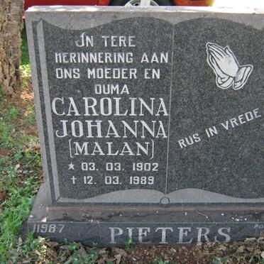 PIETERS Carolina Johanna voorheen MALAN nee BOONZAAIER 1902-1989