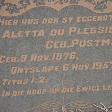 PLESSIS Aletta, du nee POSTMA 1876-1957