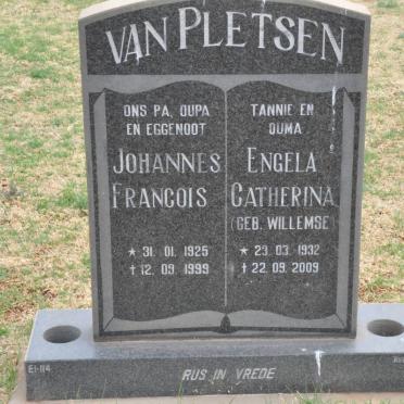 PLETSEN Johannes Francois, van 1925-1999 &amp; Engela Catherina WILLEMSE 1932-2009