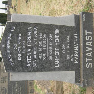 STAVAST Lammert Hendrik 1926- &amp; Antonia Cornelia formerly BOTHA nee WEIJERS 1925-2001