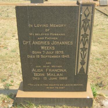 WEEKS Andries Johannes 1879-1945 &amp; Alida Francina MALAN -1965