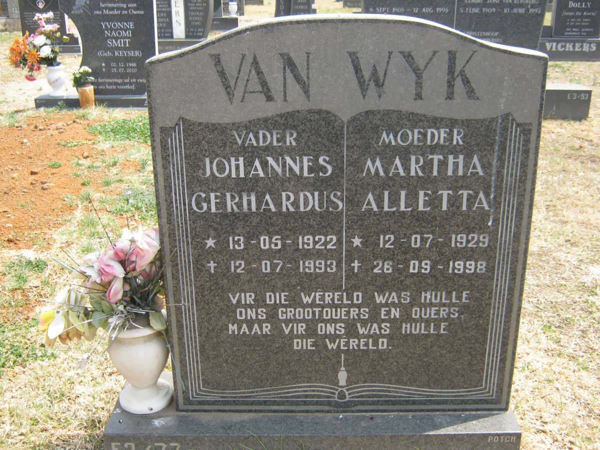 WYK Johannes Gerhardus, van 1922-1993 & Martha Alletta 1929-1998
