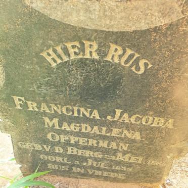 OPPERMAN Francina Jacoba Magdalena nee V.D. BERG 1865-1938