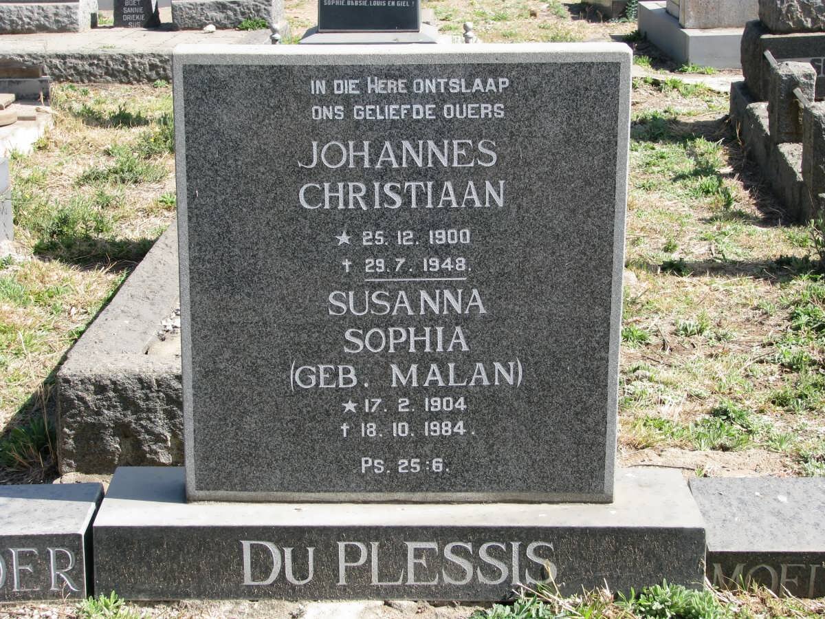 PLESSIS Johannes Christiaan, du 1900-1948 & Susanna Sophia MALAN 1904-1984
