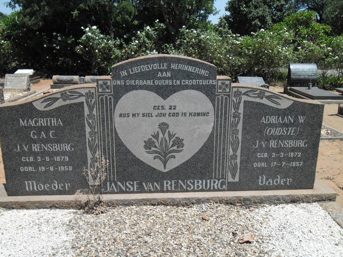 RENSBURG Adriaan W., Janse van 1872-1957 & Magritha G.A.C. 1879-1958