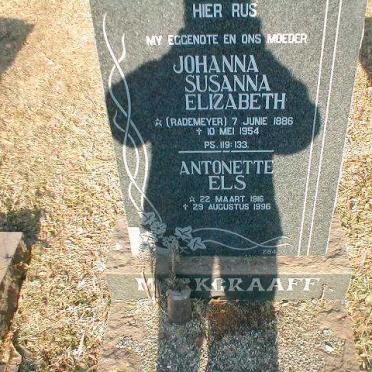 MARKGRAAF Johanna Susanna Elizabeth nee RADEMEYER 1886-1954 :: ELS Antonette 1916-1996