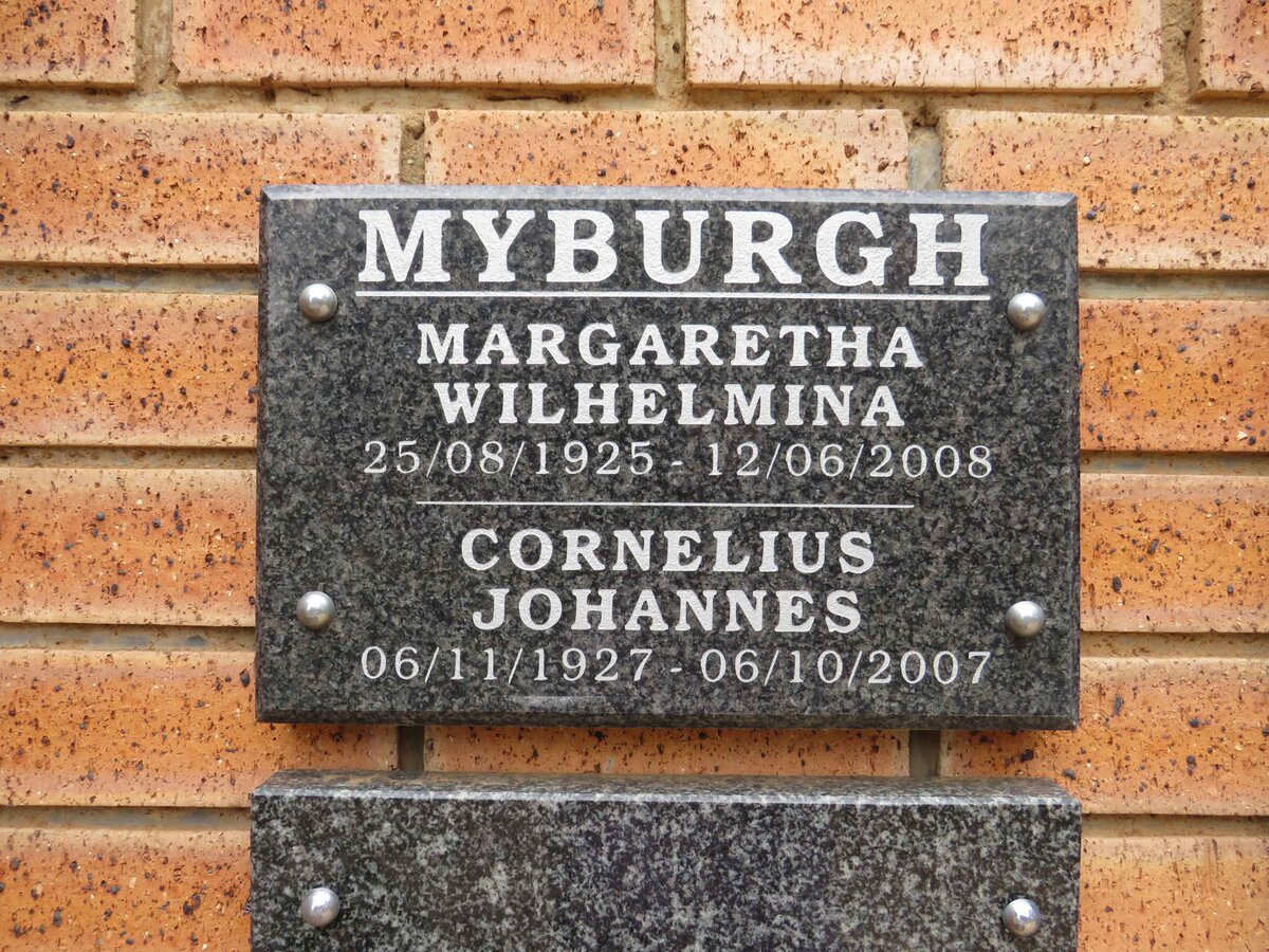 MYBURGH Cornelius Johannes 1927-2007 & Margaretha Wilhelmina 1925-2008