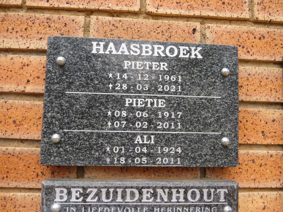 HAASBROEK Pietie 1917-2011 :: HAASBROEK Ali 1924-2011 :: HAASBROEK Pieter 1961-2021