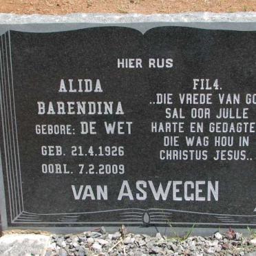 ASWEGEN Alida Barendina, van nee DE WET 1926-2009