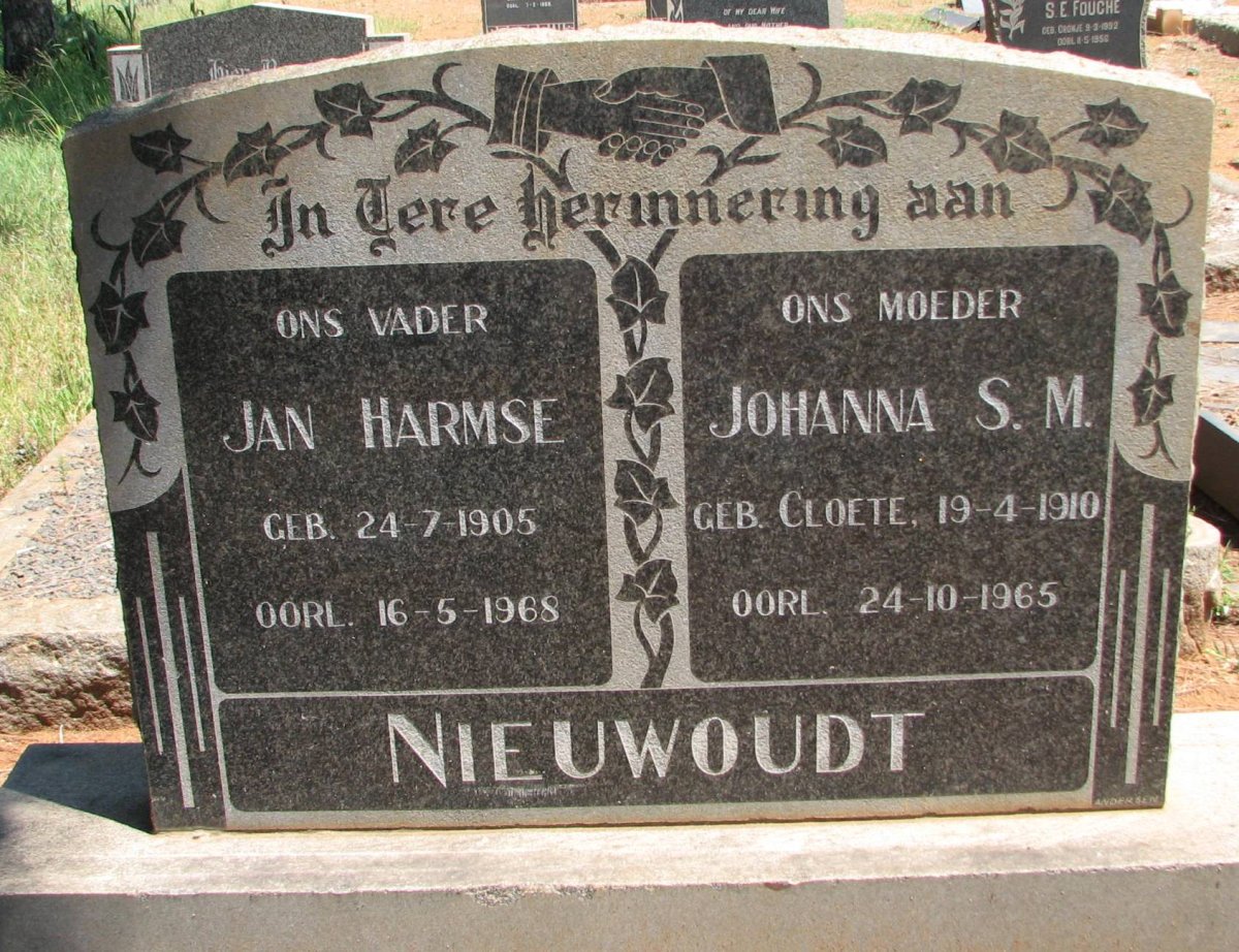 NIEUWOUDT Jan Harmse 1905-1968 & Johanna S.M. CLOETE 1910-1965