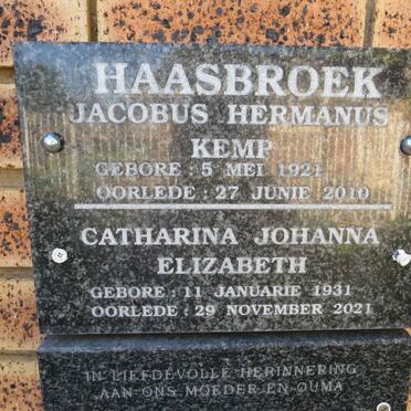HAASBROEK Jacobus Hermanus Kemp 1921-2010 & Catharina Johanna Elizabeth 1931-2021
