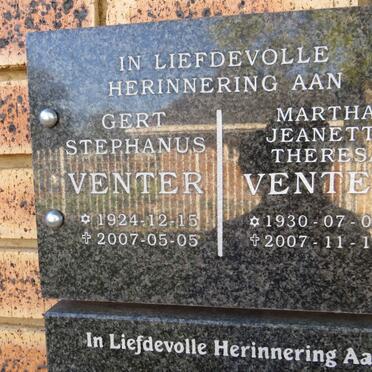 VENTER Gert Stephanus 1924-2007 & Martha Jeanetta Theresa 1930-2007