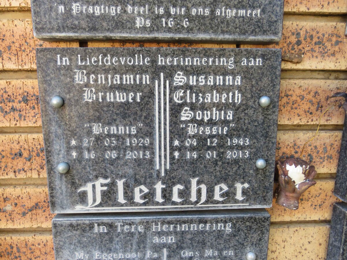 FLETCHER Benjamin Bruwer 1929-2013 & Susanna Elizabeth Sophia 1943-2013 