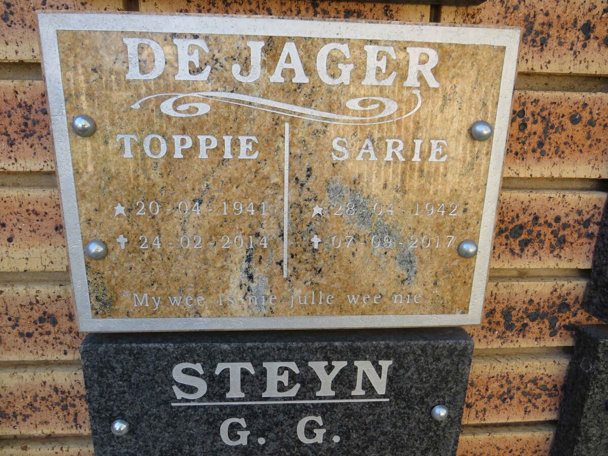 JAGER Toppie, de 1941-2014 & Sarie 1942-2017