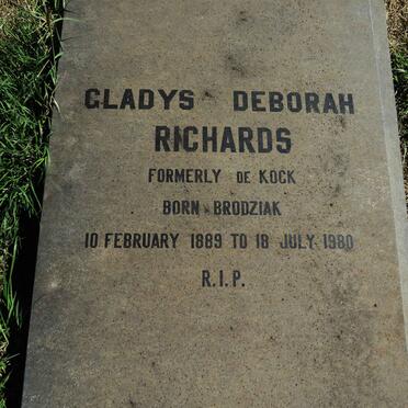 RICHARDS Gladys Deborah formerly DE KOCK nee BRODZIAK 1889-1980