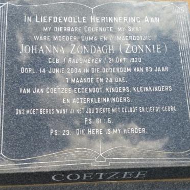COETZEE Johanna Zondagh nee RADEMEYER 1920-2004