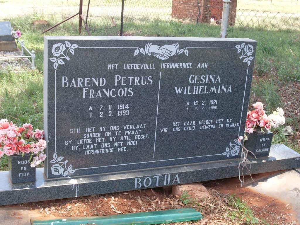 BOTHA Barend Petrus Francois 1914-1993 & Gesina Wilhelmina 1921-1996