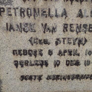 RENSBURG Petronella Aletta, Janse van nee STEYN 1868-1940