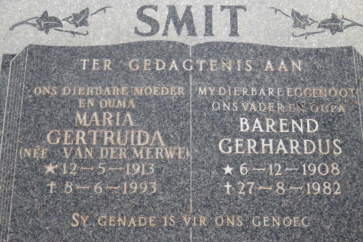 SMIT Barend Gerhardus 1908-1982 &amp; Maria Gertruida VAN DER MERWE 1913-1993