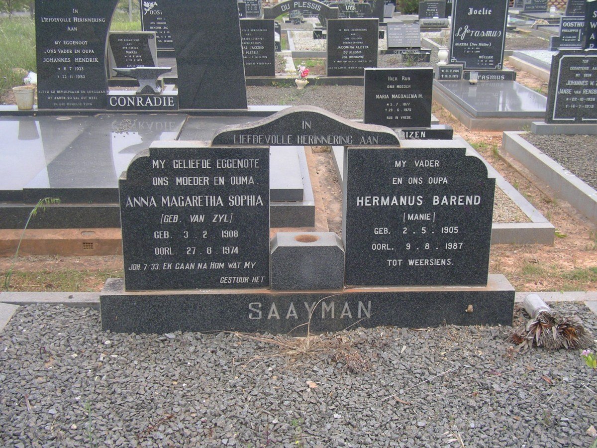 SAAYMAN Hermanus Barend 1905-1987 &amp; Anna Magarietha Sophia VAN ZYL 1908-1974