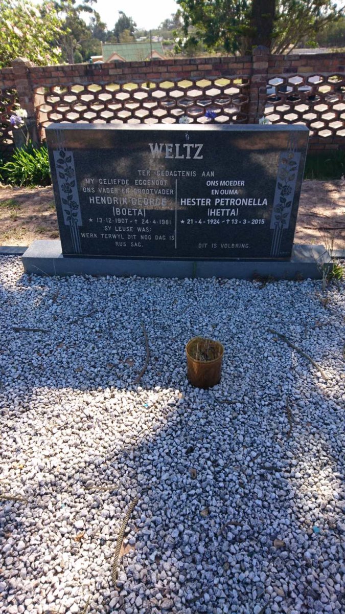 WELTZ Hendrik George 1907-1981 &amp; Hester Petronella 1924-2015