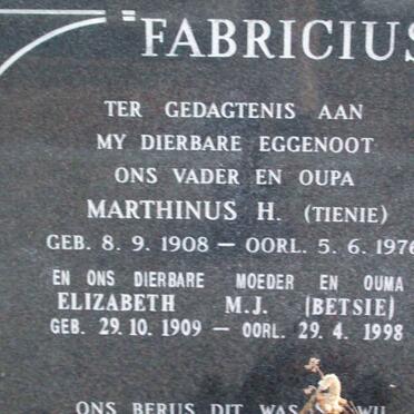 FABRICIUS Marthinus H. 1908-1976 &amp; Elizabeth M.J. 1909-1998