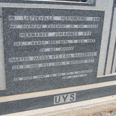 UYS Hermanus Johannes 1894-1947 &amp; Martha Jacoba HAASBROEK 1893-1973