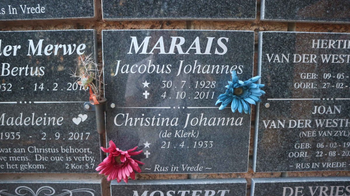 MARAIS Jacobus Johannes 1928-2011 &amp; Christina Johanna DE KLERK 1933-