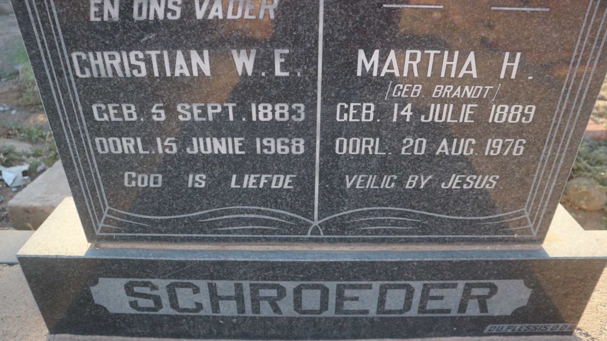 SCHROEDER Christian W.E. 1883-1968 &amp; Martha H. BRANDT 1889-1976