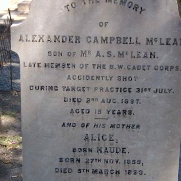 McLEAN Alice nee NAUDE 1859-1893 :: McLEAN Alexander Campbell -1897