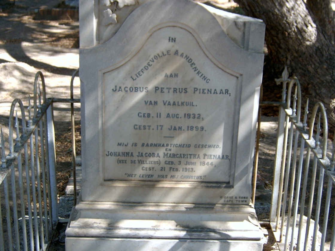 PIENAAR Jacobus Petrus 1832-1899 &amp; Johanna Jacoba Margaritha DE VILLIERS 1844-1913