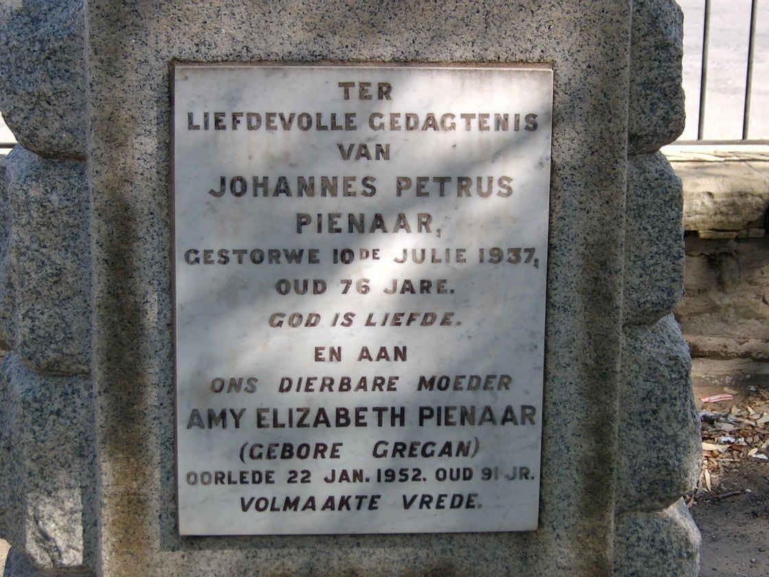 PIENAAR Johannes Petrus -1937 &amp; Amy Elizabeth GREGAN -1952