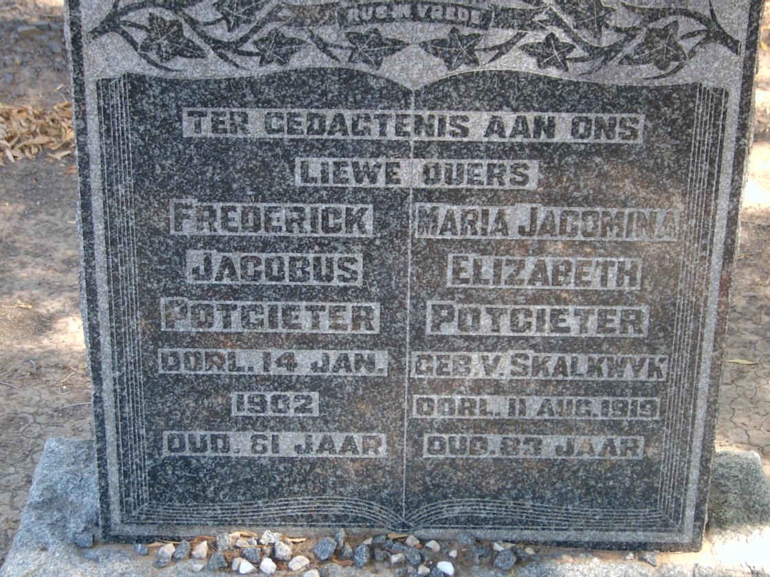 POTGIETER Frederick Jacobus -1902 &amp; Maria Jacomina VAN SKALKWYK -1919