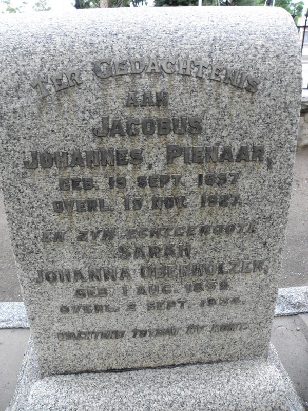 PIENAAR Jacobus Johannes 1857-1927 &amp; Sarah Johanna OBERHOLZER 1858-19?4