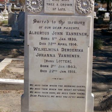 VANRENEN Albertus John 1836-1914 &amp; Wilhelmina Derderika Johanna LOTTER 1843-1915