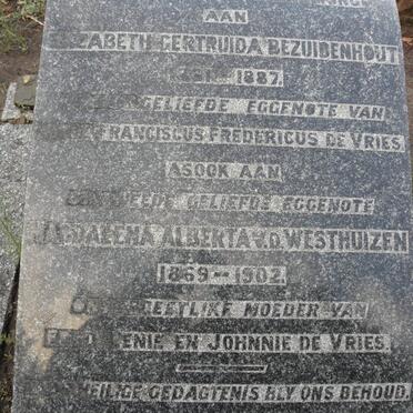 VRIES Elizabeth Gertruida, de nee BEZUIDENHOUT 1861-1887 :: VAN DER WESTHUIZEN Magdalena Alberta 1869-1902