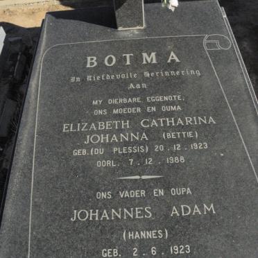 BOTMA Johannes Adam 1923- &amp; Elizabeth Catharina Johanna DU PLESSIS 1923-1988