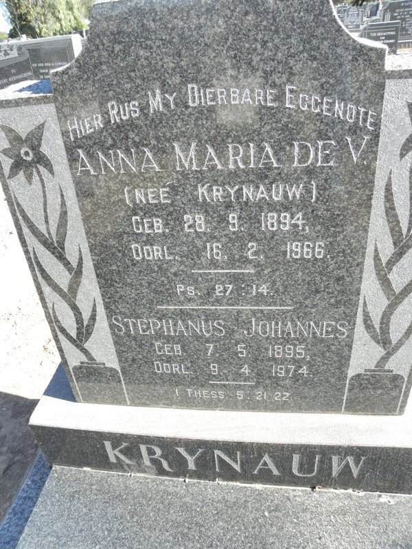 KRYNAUW Stephanus Johannes 1895-1974 &amp; Anna Maria De V. KRYNAUW 1894-1966