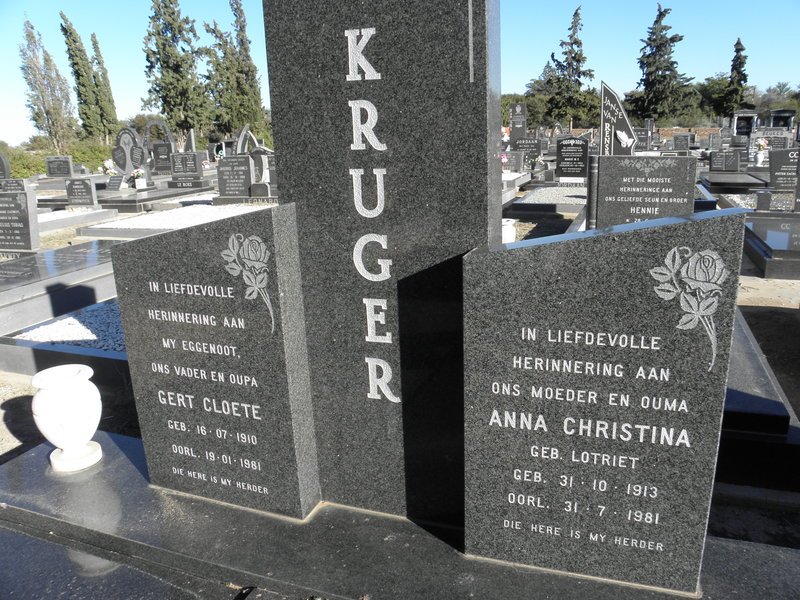 KRUGER Gert Cloete 1910-1981 &amp; Anna Christina LOTRIET 1913-1981