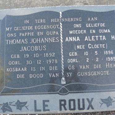 ROUX Thomas Johannes Jacobus, Le 1892-1978 &amp; Anna Aletta H. CLOETE 1896-1985