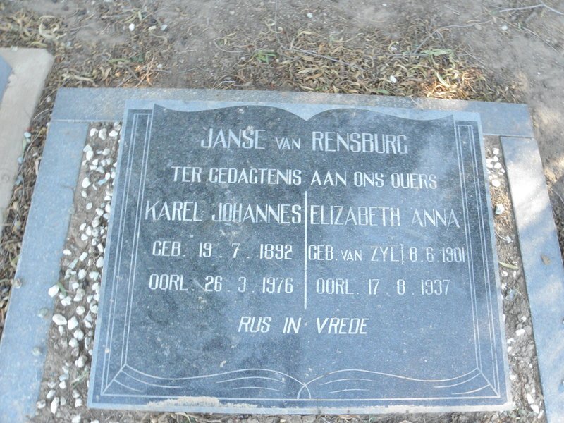 RENSBURG Karel Johannes, Janse van 1892-1976 &amp; Elizabeth Ann VAN ZYL 1901-1937